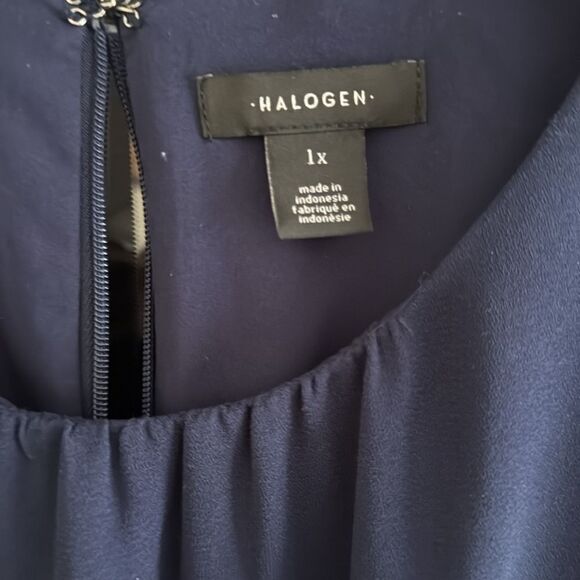 Halogen Navy Crepe Long Sleeve Modest Midi Dress - Picture 3 of 7